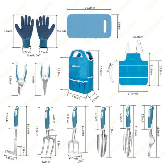 Blue Garden Tool Sets 12-Piece, Aluminum Gardening Hand Tools w/Ergonomic Handle, Garden Supplies Organizer Handbag, Kneeling Pad, Apron and Gloves, Gift for Women, Garden Starter Kit for Women