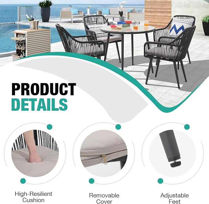 Patiorama 5-Piece Patio Dining Set, Outdoor Dining Table Chair Set, All-Weather Twisted Rattan Wicker Rope Conversation Set, Patio Furniture Set w/Umbrella Hole, 4 Cushioned Chairs&Glass Table(Black)