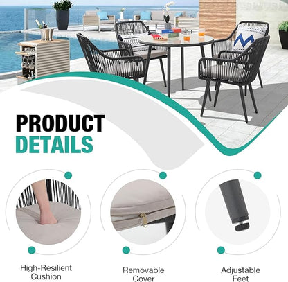 Patiorama 5-Piece Patio Dining Set, Outdoor Dining Table Chair Set, All-Weather Twisted Rattan Wicker Rope Conversation Set, Patio Furniture Set w/Umbrella Hole, 4 Cushioned Chairs&Glass Table(Black)