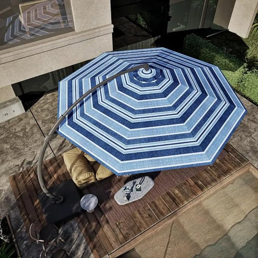 Acrylic Fabric 11FT Cantilever Umbrella with Base Large Curvy Outdoor Aluminum Offset Umbrella w/ 360° Rotation, UV Resistant Canopy for Patio, Garden, Backyard, Blue Stripes