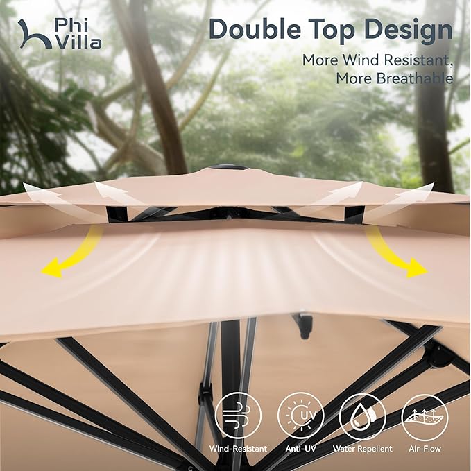 PHI VILLA 10ft Patio Cantilever Umbrella, 360° Rotation & Infinite Tilt Aluminum Square Double Top Outdoor Offset Umbrella, Heavy Duty for Garden Poolside Backyard, Beige (No Base)