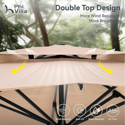 PHI VILLA 10ft Patio Cantilever Umbrella, 360° Rotation & Infinite Tilt Aluminum Square Double Top Outdoor Offset Umbrella, Heavy Duty for Garden Poolside Backyard, Beige (No Base)