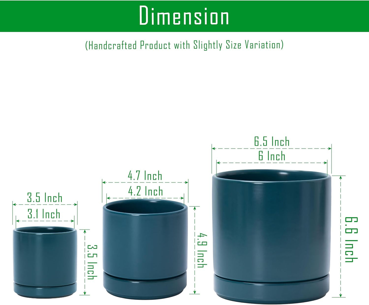 D'vine Dev 3 Inch & 4 Inch & 6 Inch, Set of 3 Round Ceramic Planter Pot with Drainage Hole and Saucer, Teal, 94-T-S-9