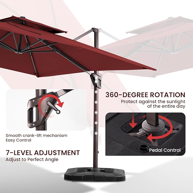 10x10 FT Cantilever Patio Umbrella with Base Included Double Top Outdoor Square Large Heavy Duty Aluminum Offset Umbrellas with 7 Level Tilt 360-degree Rotation for Pool Garden Deck,Wine Red