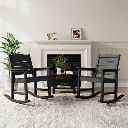 Patio Rocking Chairs Set of 2, Weatherproof HIPS Outdoor Rocking Chair for Adults, 400LBS Support Heavy Duty Porch Rocking Chairs for Garden, Lawn, Backyard, Outdoor and Indoor (Black)
