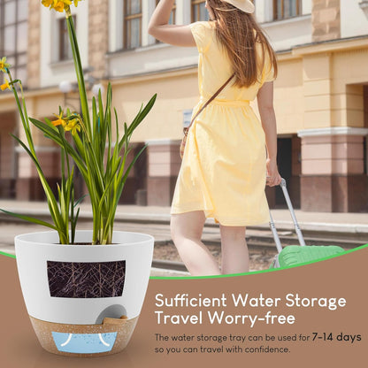 Plant Pots 10/9/8/7.5/7 inch, Self Watering Planters with Drainage Holes & Saucers for Indoor and Outdoor Plants (White)