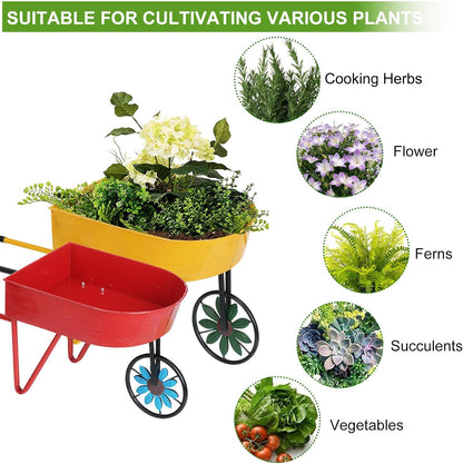 BAYN Metal Wheelbarrow Flower Cart Planter, 2 Packs Plant Stands with Triangular Support Handles Non-Rolling Wheel Vintage Wagon Planter Pots for Home Patio Garden Backyard Rustic Outdoor Decor