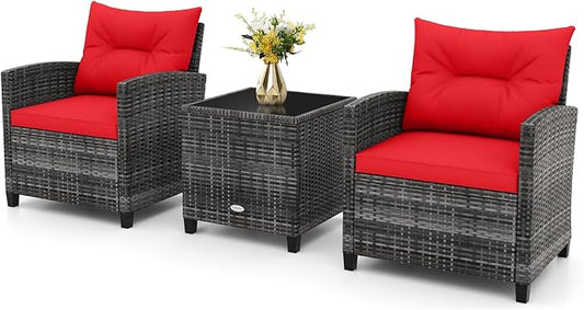 RELAX4LIFE Wicker Patio Furniture Sets - 3 Pieces Rattan Sofa Set, Outdoor Conversation Set with Tempered Glass Tabletop, Heavy-Duty Steel Frame, Wicker Chair Set for Poolside, Backyard (Grey-Red)