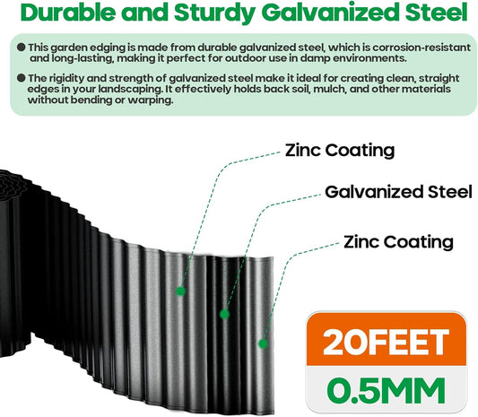 Corrugated Metal Garden Edging,Sturdy Tall Landscape Edging Borders with 6pcs Anchor Stakes, Perfect DIY for Flower Beds, Lawn and Pathway,Tree Surrounds,Paver Edges (Black 8"×20FT)