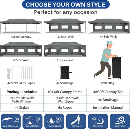 COBIZI 10x30 Pop up Canopy Tent Heavy Duty with 8 Sidewalls, Easy Set-up Commercial Outdoor Party Tent, 100% Waterproof Wedding Gazebo, 3 Height Adjustable with Wheeled Bag,Grey