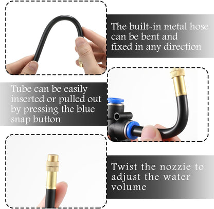 Zonon Brass Misting Nozzles Tee with Built in Hose 360 Degree Rotation Adjustable Water Mister Nozzles Thread Sprayer 0.043" Misting Parts and Accessories for Patio Outdoor Cooling(15 Pcs,8 Inch)