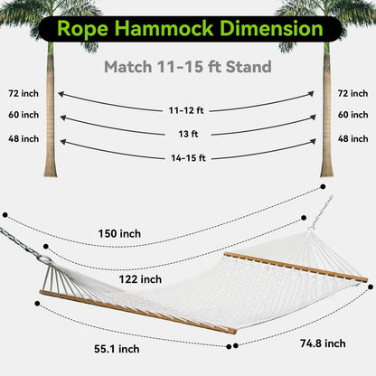 Double Hammock for 2 Person, Handwoven Cotton Rope Hammock with Spreader Bar Without Stand - Indoor & Outdoor Use for Patio, Poolside, Backyard (White)