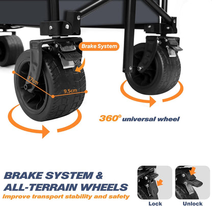Chihee Garden Cart Collapsible Outdoor Utility Wagon Cart,Folding Beach Cart Oversized Capacity 254L,Heavy Duty Portable Wagon All Terrain Wheels Oversized Side Pocket 2 Drink Holders for Camping