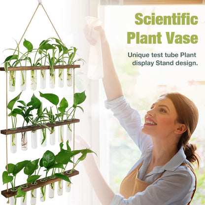 XXXFLOWER Wall Hanging Propagation Station with Wooden Stand 21 Glass Test Tubes 3 Tiered Planters Wall Terrarium for Home Office Plant Hanger Flower Vases Wall Decor Hydroponic Cuttings