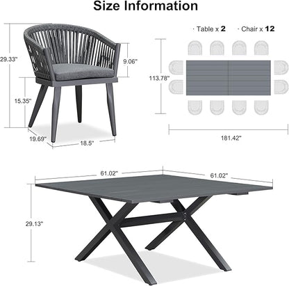 PURPLE LEAF 13 Pieces Oversized Outdoor Dining Set with Patio Aluminium Dining Table and Wicker Chairs Modern Furniture Cushions Sets for Backyard Indoor Decor Kitchen Gray