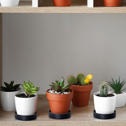 Phoenix Vine 4 Inch Plastic Plant Saucer Water Drip Tray, Heavy Sturdy Round Plant Drainage Tray for Indoors Outdoor, Set of 4, Matte Black, 21-TY-4B-4