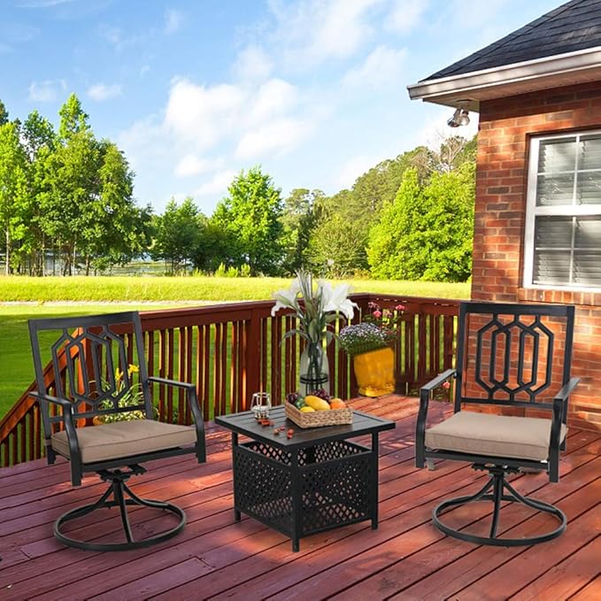 PHI VILLA 3 Piece Outdoor Bistro Set for 2, 22" Wrought Iron Square Table with Umbrella Hole & Swivel Metal Chairs, Small Furniture Conversation Set for Porch, Deck, Balcony, Patio, Yard - Black