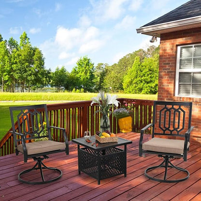 PHI VILLA 3 Piece Outdoor Bistro Set for 2, 22" Wrought Iron Square Table with Umbrella Hole & Swivel Metal Chairs, Small Furniture Conversation Set for Porch, Deck, Balcony, Patio, Yard - Black