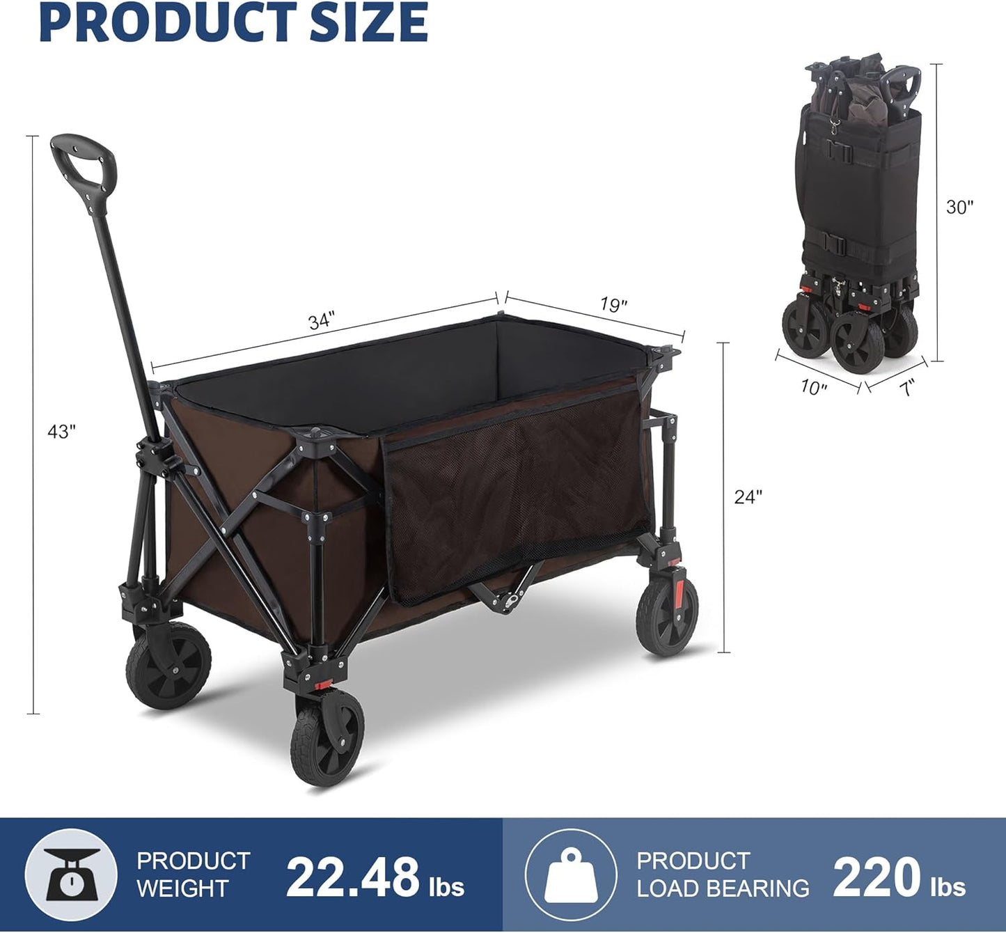 Collapsible Folding Wagon Cart, 220LBS Heavy Duty Foldable Utility Garden Cart with All Terrain Wheels & Side Storage Bag, Portable Sports Wagon for Camping, Shopping, Garden