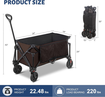 Collapsible Folding Wagon Cart, 220LBS Heavy Duty Foldable Utility Garden Cart with All Terrain Wheels & Side Storage Bag, Portable Sports Wagon for Camping, Shopping, Garden