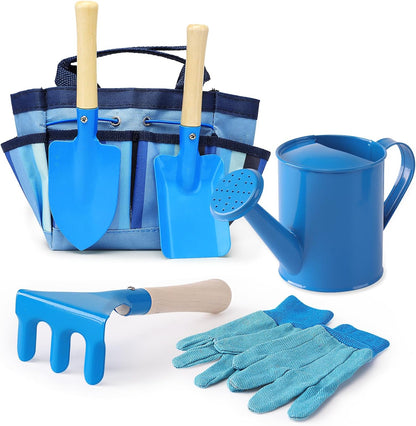 Kids Gardening Tools Set, Toddler Play Kit Child Outdoor Toy with Gloves, Watering Can, Metal Shovel, Rake, Spade & Storage Bag, Backyard Sand Digging Birthday for Boys Girls 3-5 (Blue)