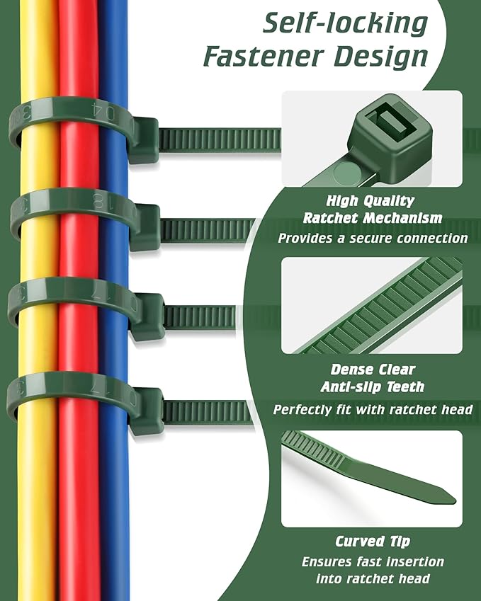 8 Inch PA66 Green Zip Ties, 100 Pcs 3.6mm Heavy Duty Plastic Wire Ties with 45 Lbs, Premium Self-locking Nylon Cable Ties Decoration Tie Wraps for Christmas Tree Gardening Fence Plants Grid Wall