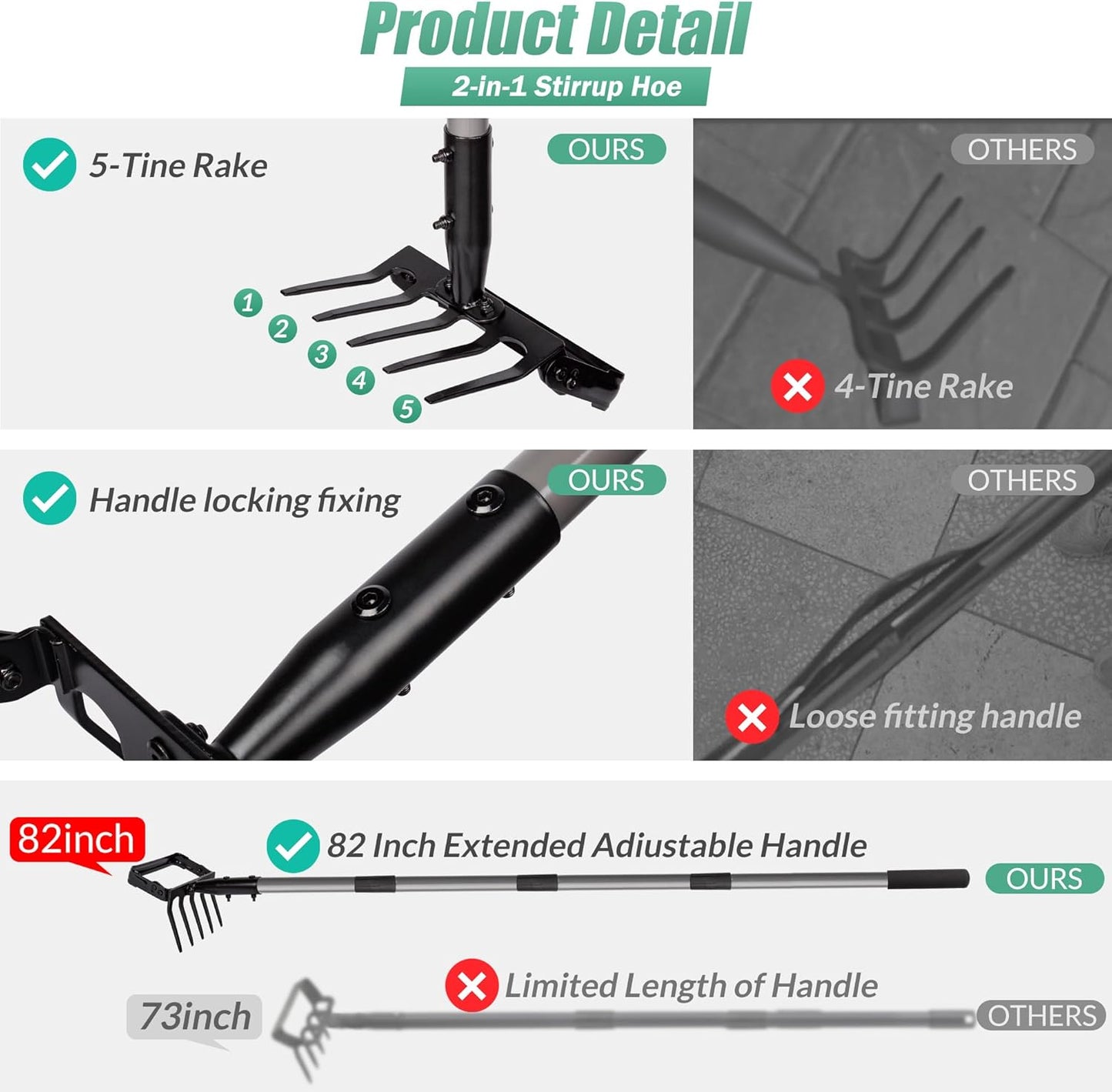 Suchtale 82 Inch Stirrup Hoe and 5-Tines Rake, Action Hoe for Weeding, 2 in 1 Scuffle Hoe with 37-82"Adjustable Handle, Hula Hoe Cultivator for Loosening Soil, Loop Hoe for Garden Weeding and Planting