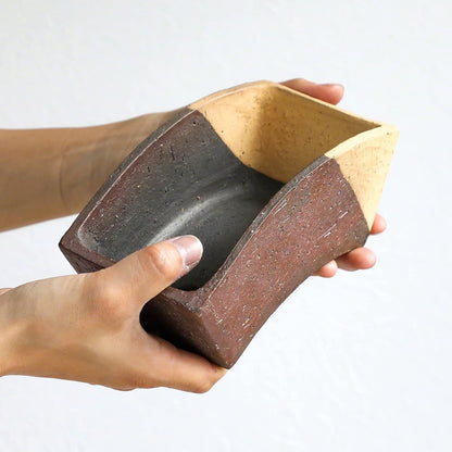 Wazakura Tokoname Series Handmade Fan Shaped Bonsai Pot with Drainage Holes 6.8 inch (174mm) Made in Japan, Artisan Ceramic Garden Container, Decorative Flower Planter - Fan Shape