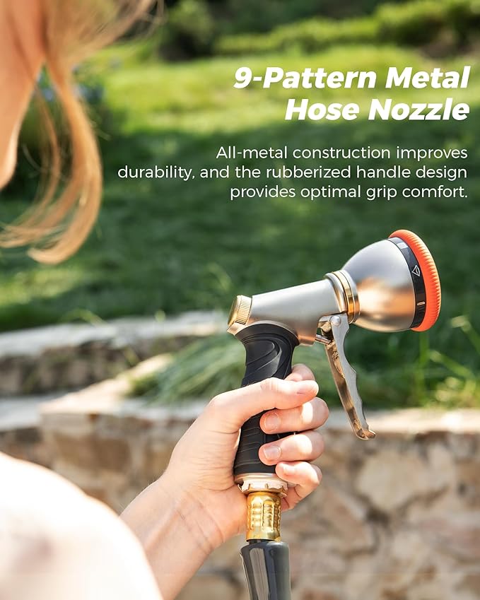 Retractable Garden Hose Reel 1/2 in x 175 ft Professional Metal Bracket & 9-Pattern Metal Nozzle UV Resistant Brass Fitting Heavy Duty Wall Mount Any Length Lock Slow Retraction 180° Swivel