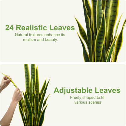 Fake Snake Plant 3ft Tall Faux Sansevieria with 24 Realistic Leaves UV Resistant Potted 2 Pack Fake Mother in Law's Tongue Plants for Indoor Outdoor Home Office Bedroom or Patio Decoration, Yellow