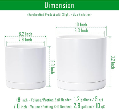 D'vine Dev 8.2 Inch & 10 Inch Ceramic Planter Pot for Plants with Drainage Hole and Saucer, Large Plant Pots Set, White, 94-G-L-1
