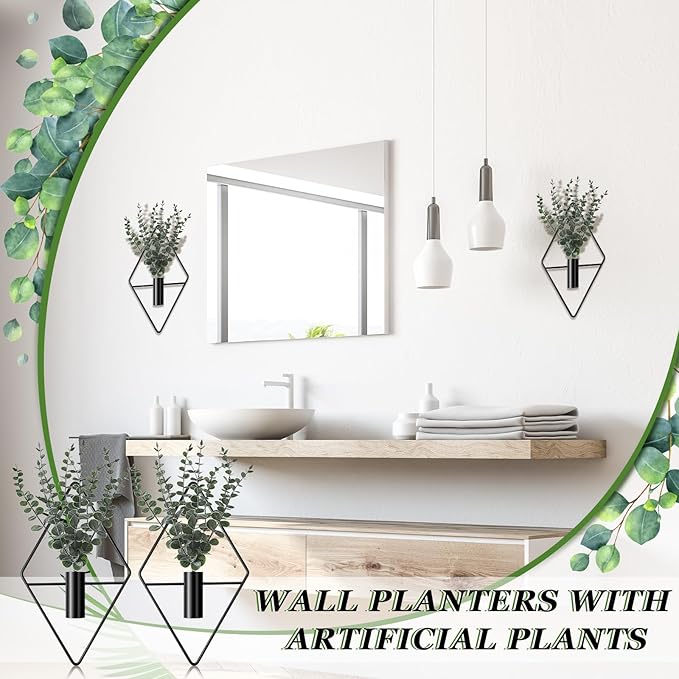 Jexine Hanging Planters with Artificial Eucalyptus Metal Hanging Vase Indoor Plants Holder Modern Geometric Boho Bathroom Wall Decor for Living Room Home Office (Black,4 Pcs)