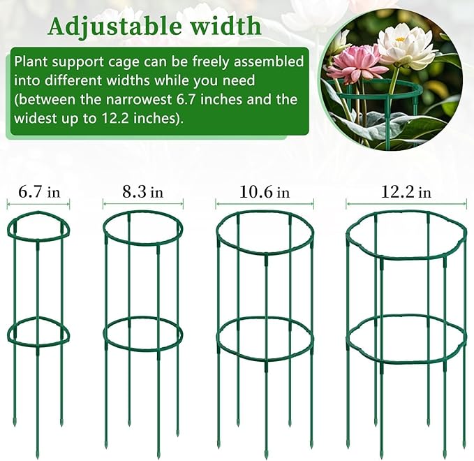 Small Tomato Cage 2 Pack,SupKing Adjustable Plant Trellis Plastic Potted Support Ring Stakes for Indoors Garden Climbing Vines Peony Cucumber,Comes 20 Twist Ties