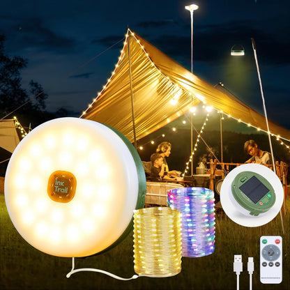 Solar Camping String Lights, 4 in 1 Quick Storage 33FT Rechargeable Tent Lights with 13 Lighting Modes, Hanging Waterproof Portable Retractable LED Lamp for Outdoor, Patio, RV, Awning, Garden, Party