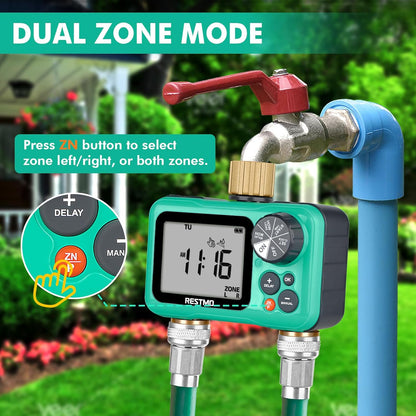 RESTMO Sprinkler Timer with Brass Inlet & Outlet, 3 Separate Programs Water Timer for Garden Hose, Manual/Rain Delay/Automatic Watering for Drip Irrigation and Lawn, 2 Outlet