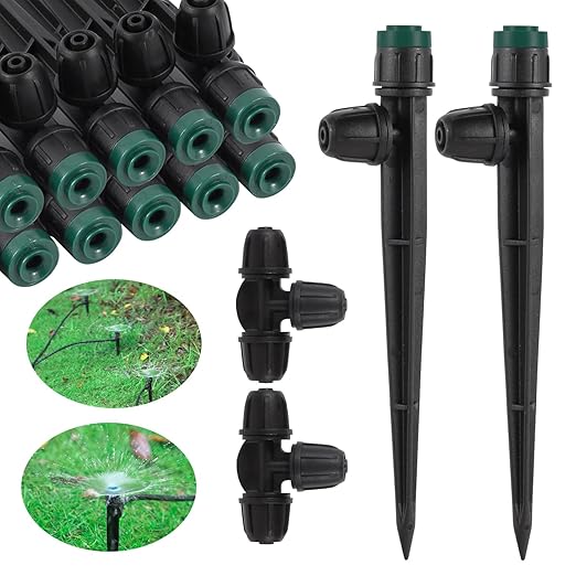 Drip Irrigation Emitters Sprayers for 1/4" Tubing, Adjustable 360 Degree Water Flow Sprayer on 5.5" Arrow Stake,with 1/4" Locked Tee for Watering System(10Pcs Sprayers and 10Pcs Tee)