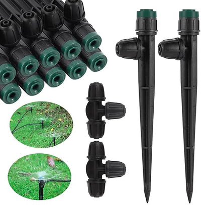 Drip Irrigation Emitters Sprayers for 1/4" Tubing, Adjustable 360 Degree Water Flow Sprayer on 5.5" Arrow Stake,with 1/4" Locked Tee for Watering System(10Pcs Sprayers and 10Pcs Tee)