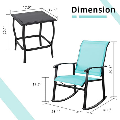 Vongrasig 3 Piece Outdoor Rocking Bistro Set, Textilene Fabric Small Patio Furniture Set, Front Porch Rocker Chairs Conversation Set with Glass Table for Lawn, Garden, Balcony, Poolside (Blue)