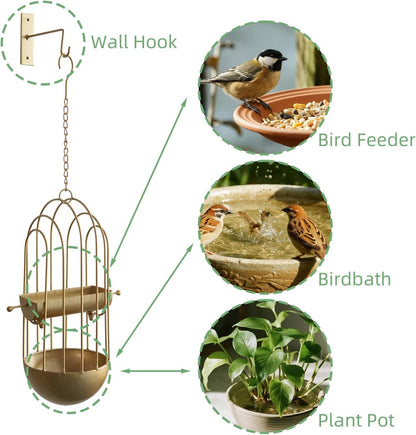 Haing Bird Feeder for Wild Birds, Metal Birdbath for Outdoods Garden Outside (Golden)