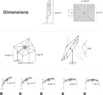 PURPLE LEAF 11' X 8' Swivel Outdoor Patio Aluminum Umbrella with Base Left-right Tilting Cantilever Offset Umbrella with UV Resistant Heavy Duty Fabric for Deck Pool Patio Backyard, Sand Dune