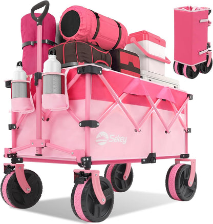 Sekey 220L Collapsible Foldable Wagon with 330lbs Weight Capacity, Heavy Duty Folding Utility Garden Cart with Big All-Terrain Beach Wheels & Drink Holders.Pink