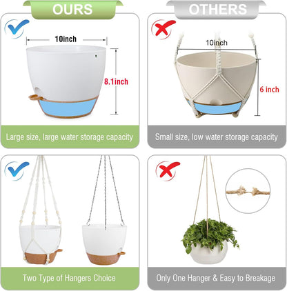 10 inch Self Watering Hanging Planters, 2 Pack Hanging Baskets for Indoor Outdoor Plants, Hanging Flower Pots with Drainage Holes & 2 Kinds of Plant Hangers for Garden Home Décor, White Brown