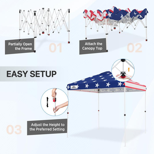 EAGLE PEAK Pop Up Canopy Tent with Wheeled Carry Bag, 8 Stakes, 4 Ropes, Easy Set Up Tent Canopy, 8x8 ft, American Flag