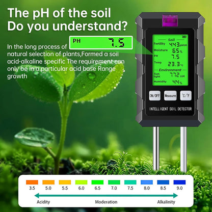 6 in 1 Soil Tester Digital Moisture Meter with Dual Probe, pH/Temperature/Moisture/Sunlight/Air Humidity/Fertility, Soil pH Tester for Farming, Gardening, Lawns and More (2*AAA Battery Needed)