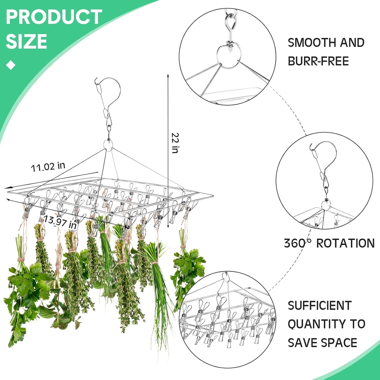 Bokon 4 Pcs Hanging Drying Rack for Herb Macrame Flower with Stainless Clip Dryer Hook for Drying Herb Air Plants Spices Flower Hydroponic Plant Ready to Use with Ceiling Hook(Square)