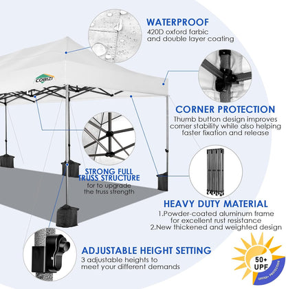 COBIZI 10x30 Pop up Canopy, Heavy Duty Outdoor Party Tents for Parties, Ez up UPF 50+ Waterproof Commercial Canopy with Wheeled Bag can fold, White(Windproof Upgraded)
