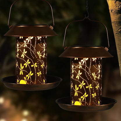 Bird Feeders for Outdoors Dragonfly Solar Lanterns Outdoor Waterproof Garden Decor Gifts for Women Mom Grandma Metal Solar Decoration Outside LED Lanterns for Yard, Patio, Lawn, Pathway(2 Pack)