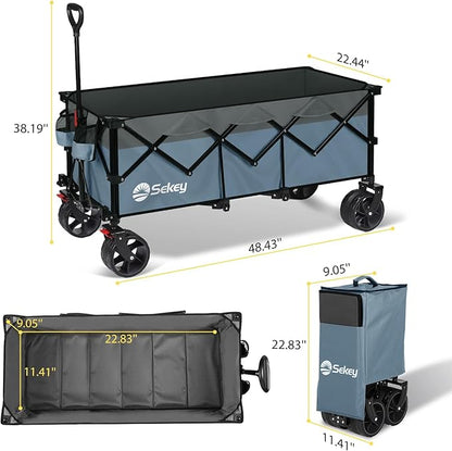 Sekey 48''L Collapsible Foldable Extended Wagon with 440lbs Weight Capacity, Heavy Duty 300L Folding Utility Garden Cart with Big All-Terrain Beach Wheels & Drink Holders. Blue&Grey