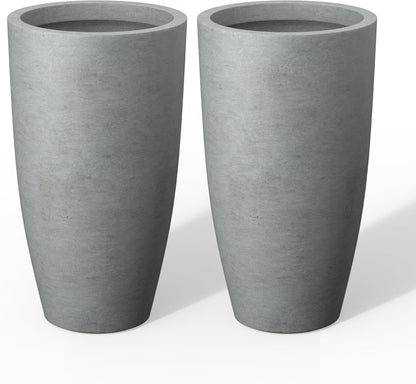 Kante 23.6" H Natural Concrete Tall Planters (Set of 2), Large Outdoor Indoor Decorative Plant Pots with Drainage Hole and Rubber Plug, Modern Style for Home and Garden
