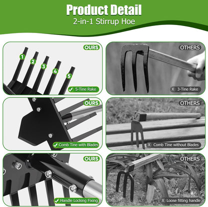 2-in-1 Hoe Garden Tools, 17-58" Weed Puller Tool with Long Handle, Heavy Duty Handle Garden Hoe and Weed Rake, Hoes for Gardening Yards Lawns Gardens Weeding